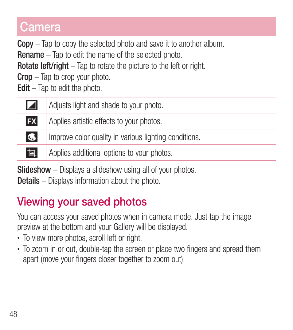 Camera, Viewing your saved photos | LG LGL39C User Manual | Page 49 / 201