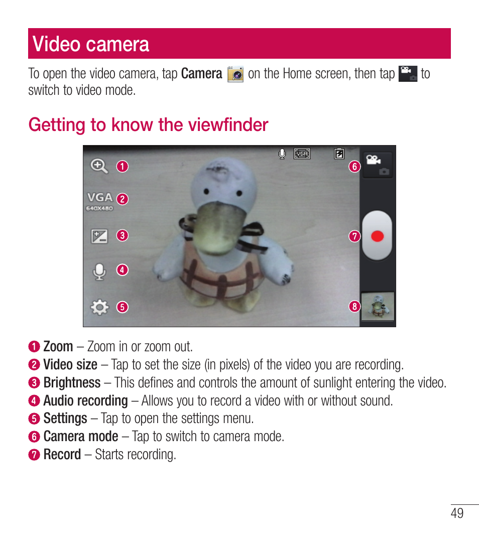 Video camera, Getting to know the viewfinder | LG LGL39C User Manual | Page 50 / 201