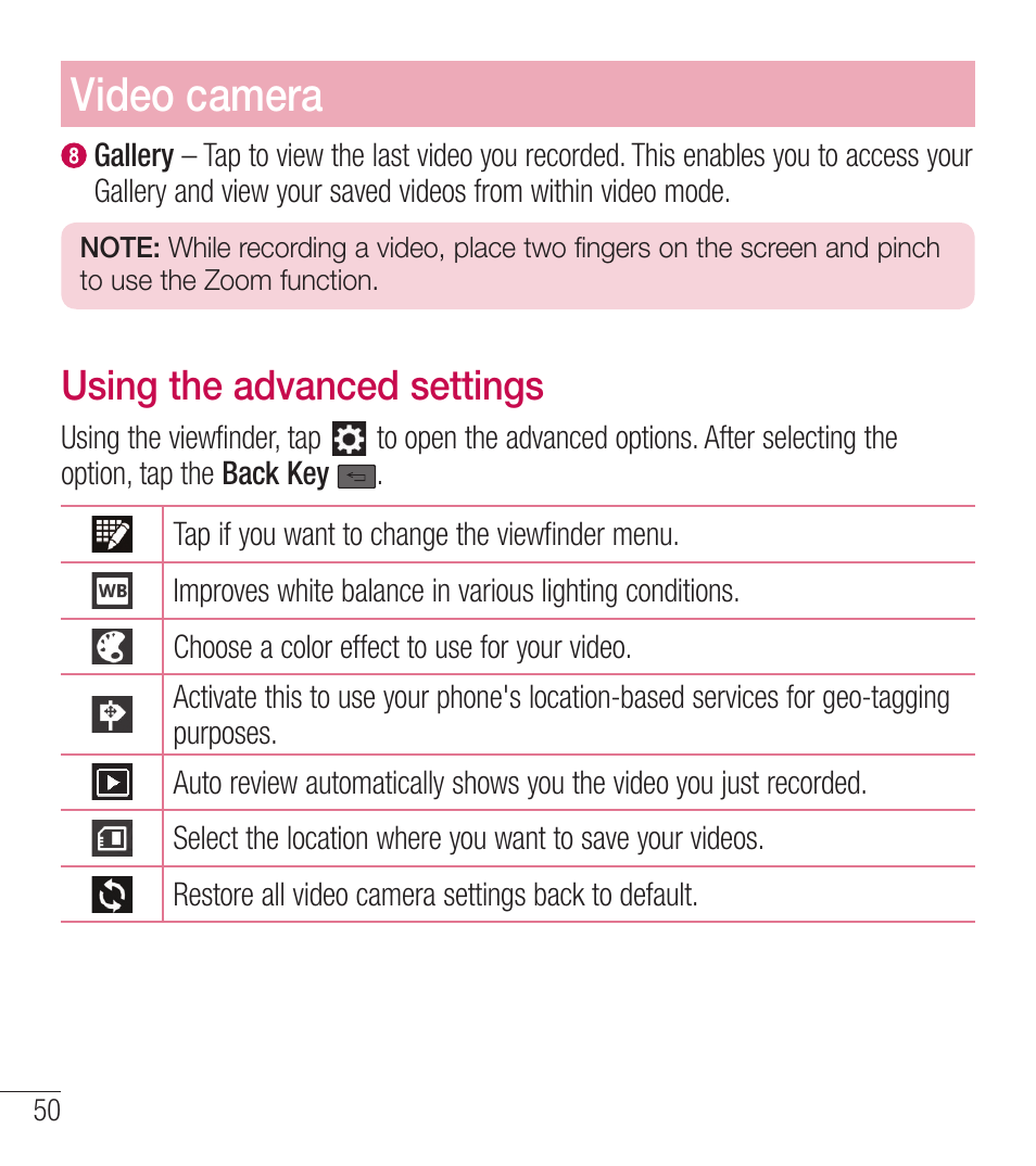 Video camera, Using the advanced settings | LG LGL39C User Manual | Page 51 / 201