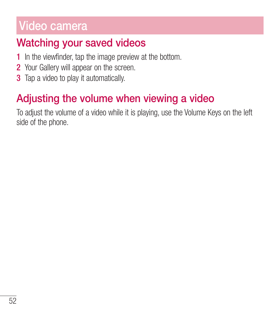 Video camera, Watching your saved videos, Adjusting the volume when viewing a video | LG LGL39C User Manual | Page 53 / 201