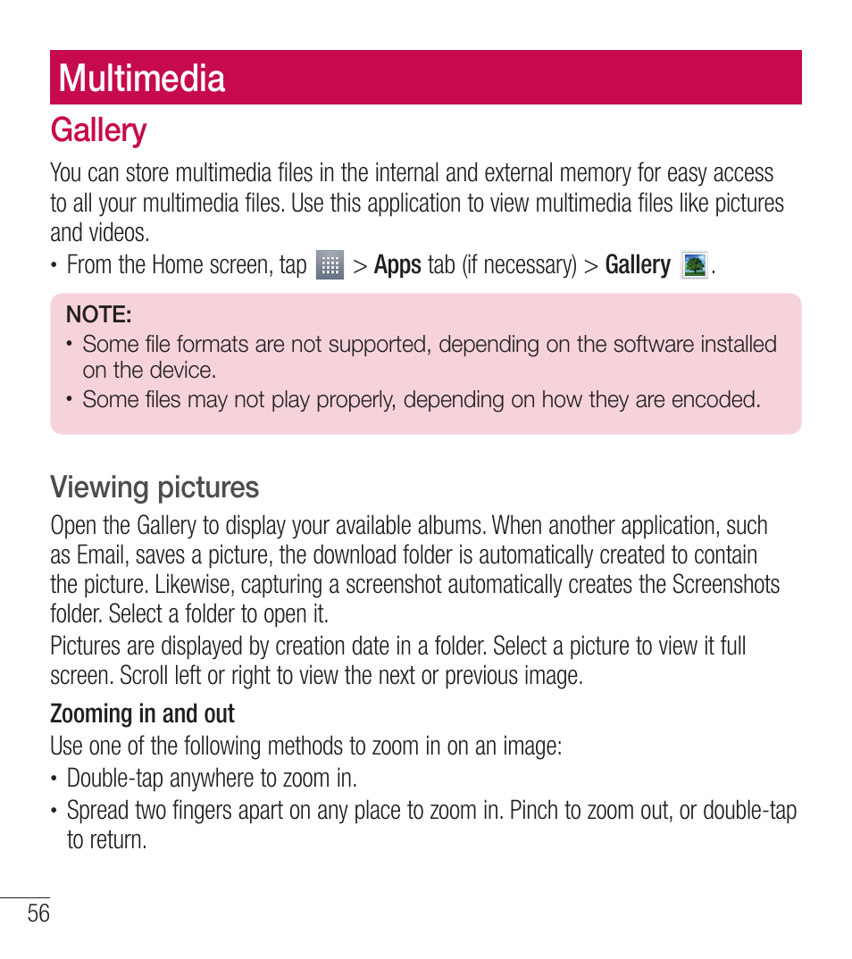 Multimedia, Gallery, Viewing pictures | LG LGL39C User Manual | Page 57 / 201