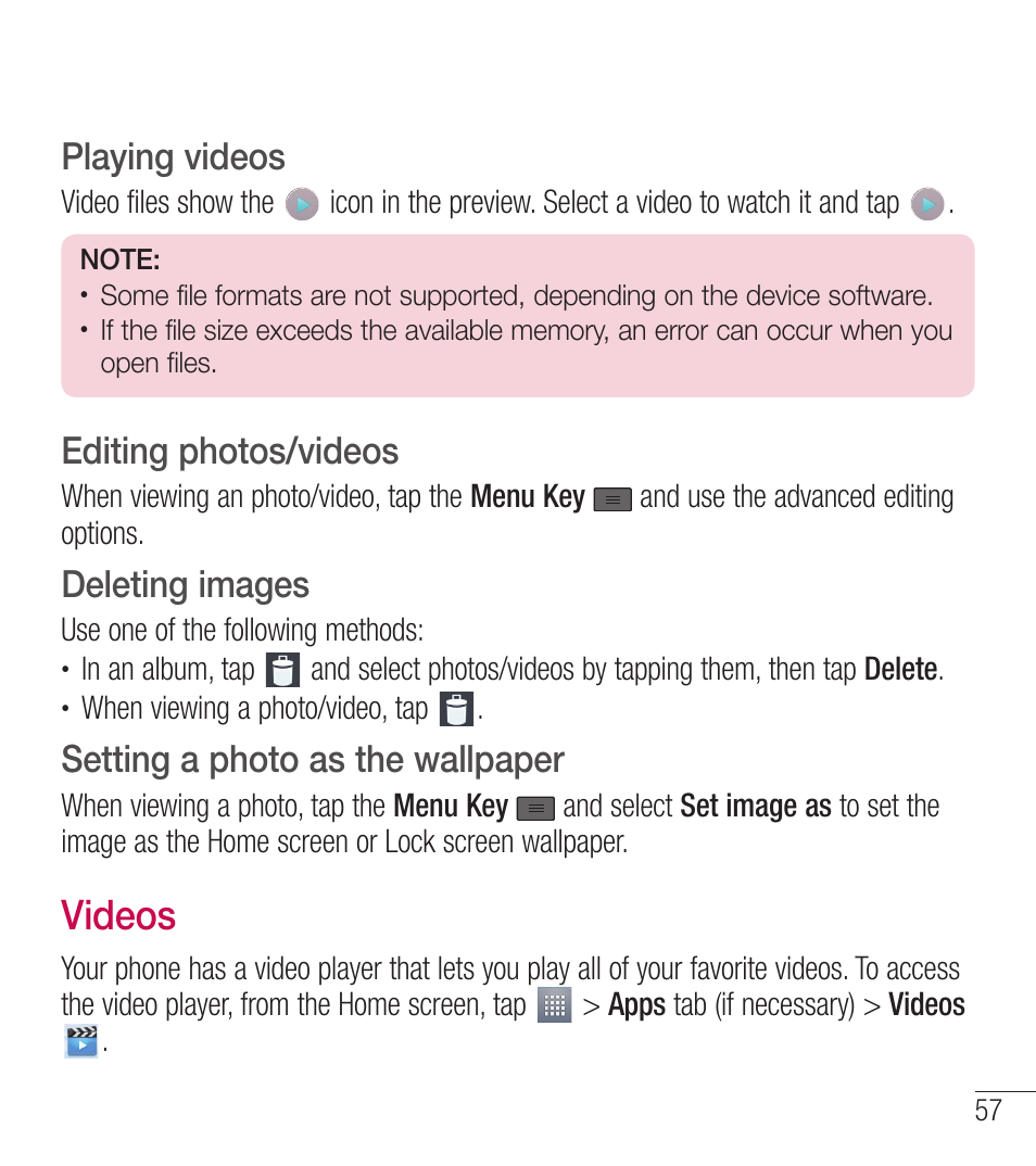 Videos, Playing videos, Editing photos/videos | Deleting images, Setting a photo as the wallpaper | LG LGL39C User Manual | Page 58 / 201