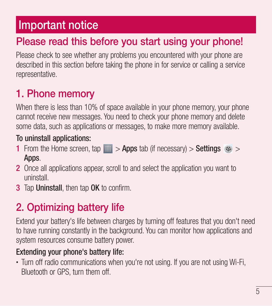 Important notice, Please read this before you start using your phone, Optimizing battery life | LG LGL39C User Manual | Page 6 / 201