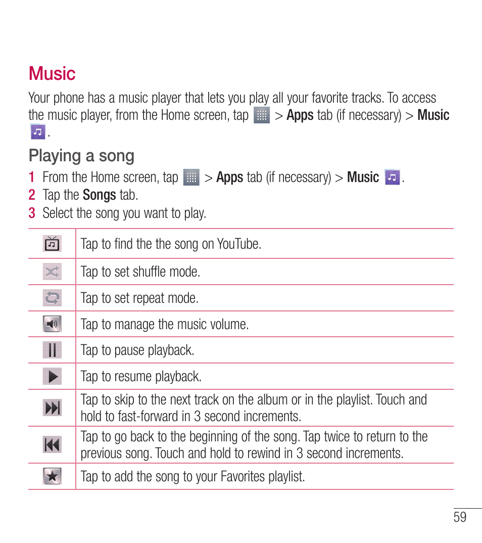 Music, Playing a song | LG LGL39C User Manual | Page 60 / 201