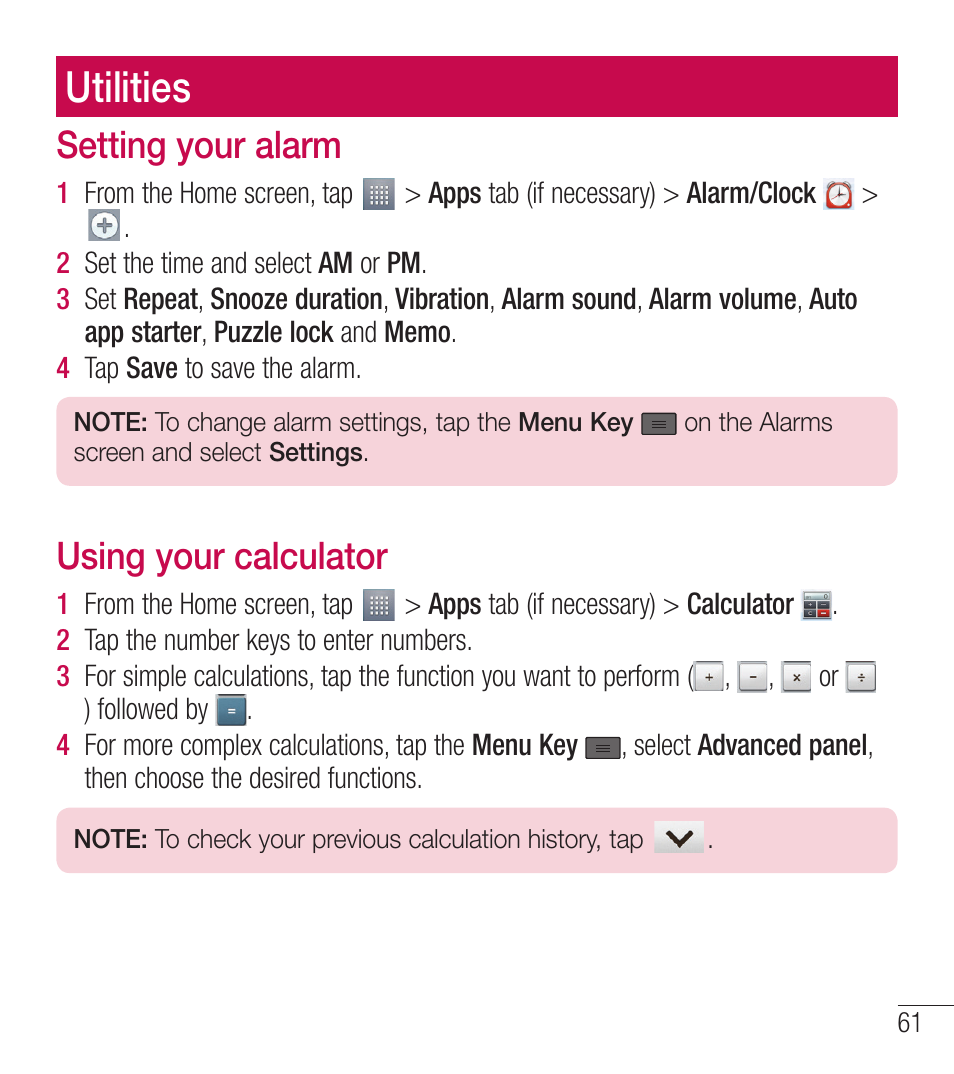 Utilities, Setting your alarm, Using your calculator | LG LGL39C User Manual | Page 62 / 201