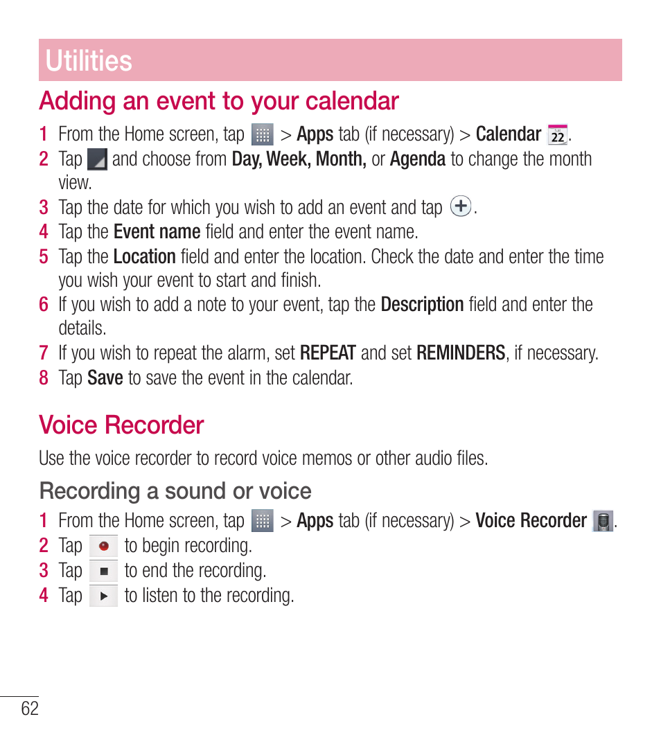 Utilities, Adding an event to your calendar, Voice recorder | LG LGL39C User Manual | Page 63 / 201