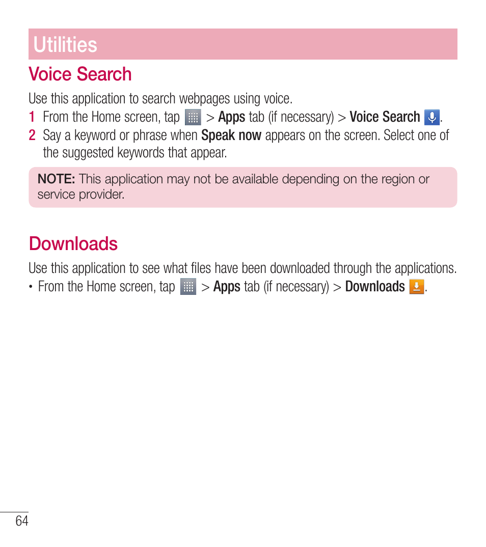 Utilities, Voice search, Downloads | LG LGL39C User Manual | Page 65 / 201