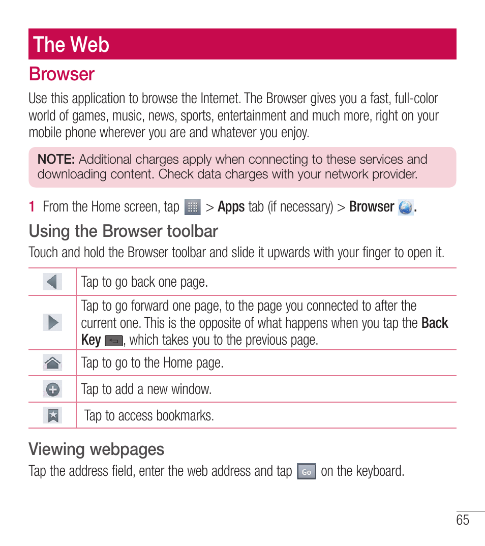 The web, Browser | LG LGL39C User Manual | Page 66 / 201