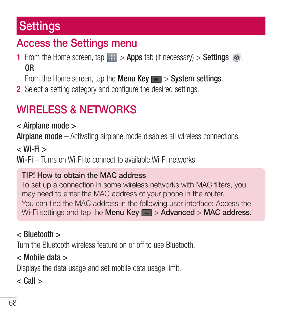 Settings, Access the settings menu, Wireless & networks | LG LGL39C User Manual | Page 69 / 201