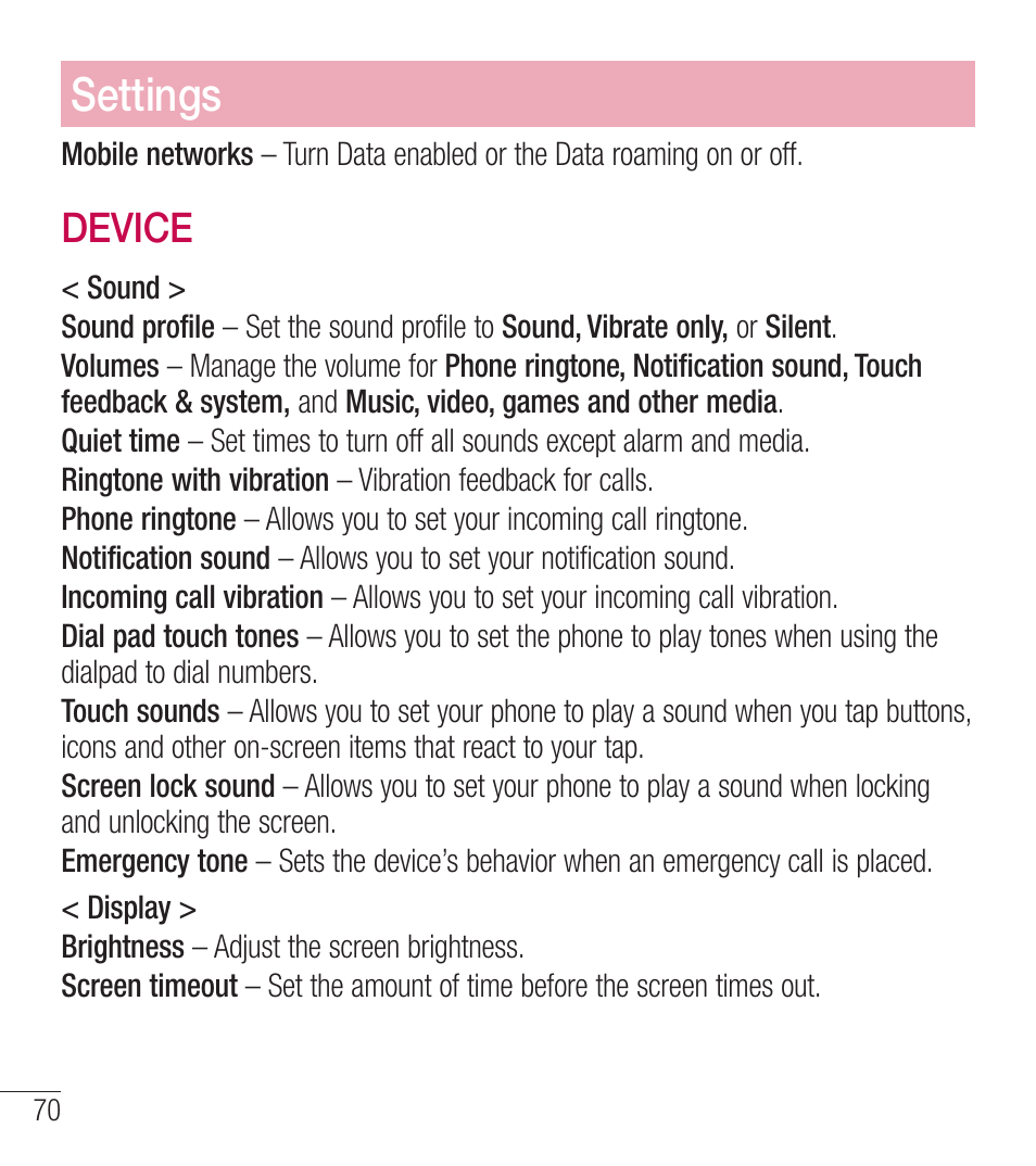 Settings, Device | LG LGL39C User Manual | Page 71 / 201