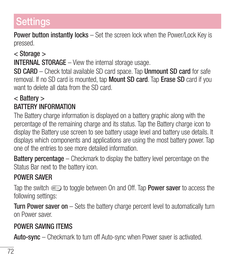 Settings | LG LGL39C User Manual | Page 73 / 201