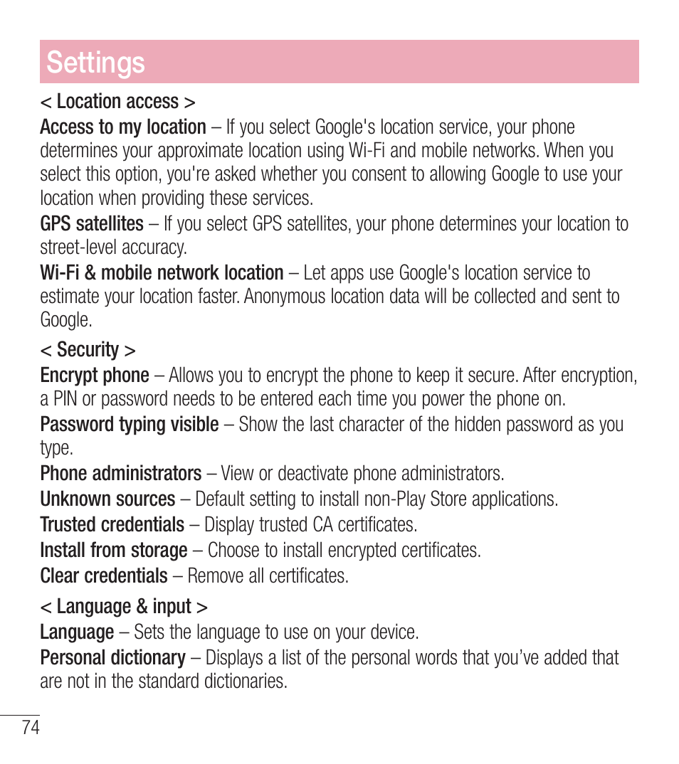 Settings | LG LGL39C User Manual | Page 75 / 201