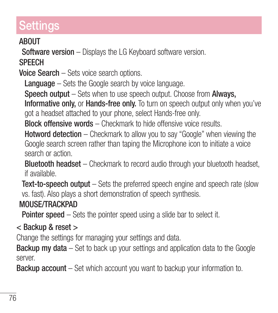 Settings | LG LGL39C User Manual | Page 77 / 201