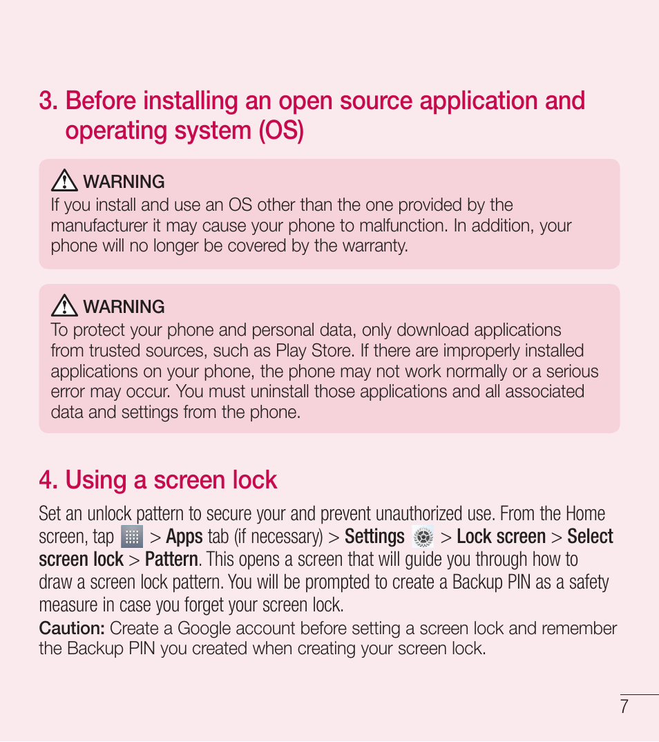 Using a screen lock | LG LGL39C User Manual | Page 8 / 201
