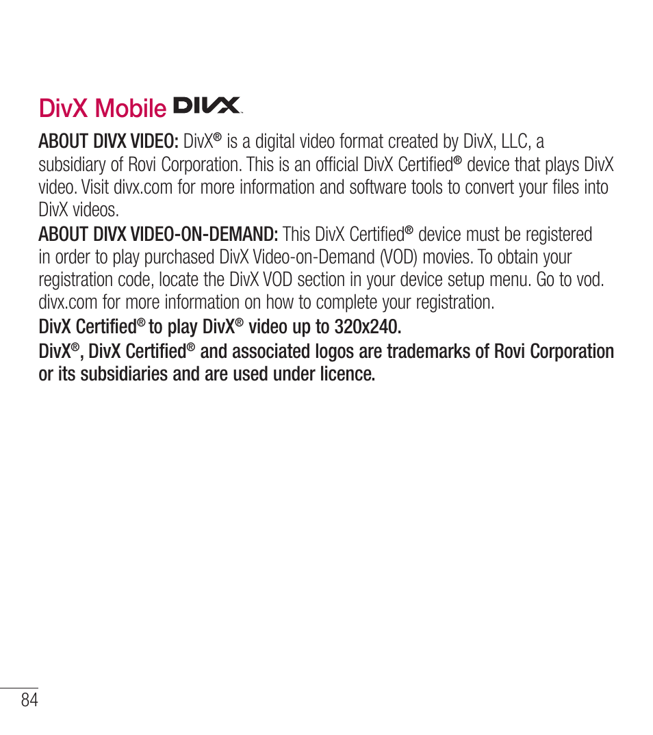 Divx mobile, About divx video: divx, Divx certified | LG LGL39C User Manual | Page 85 / 201