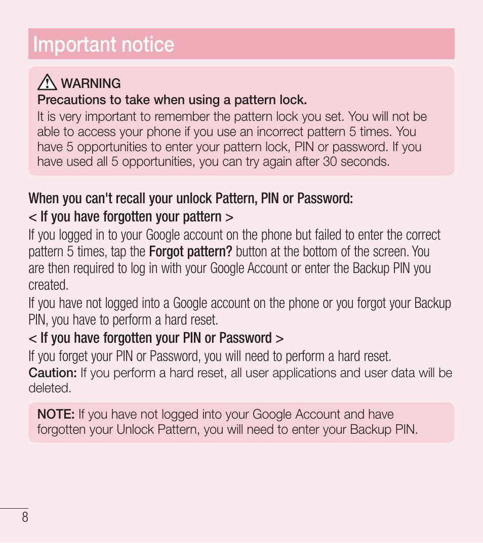 Important notice | LG LGL39C User Manual | Page 9 / 201