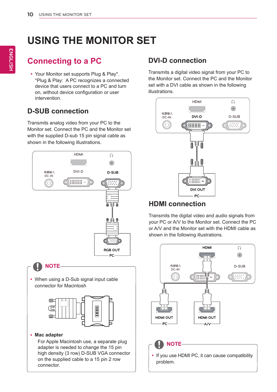 Using the monitor set, Connecting to a pc, D-sub connection | Dvi-d connection, Hdmi connection, 10 connecting to a pc 10 | LG E2742V-BN User Manual | Page 10 / 28