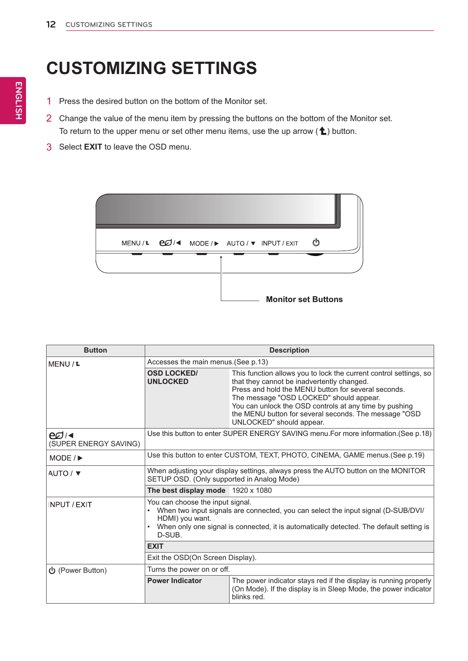 Customizing settings | LG E2742V-BN User Manual | Page 12 / 28