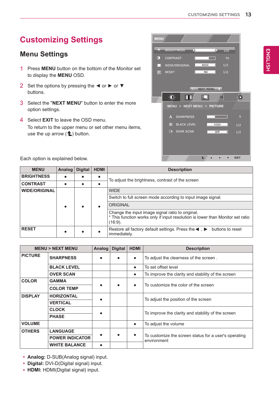 Customizing settings, Menu settings, 13 customizing settings 13 | LG E2742V-BN User Manual | Page 13 / 28