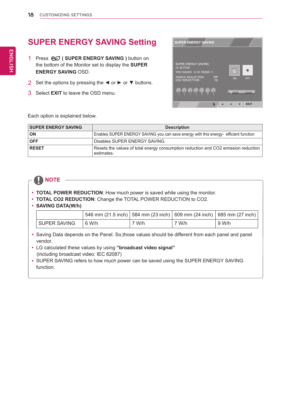 Super energy saving setting, 18 super energy saving setting | LG E2742V-BN User Manual | Page 18 / 28
