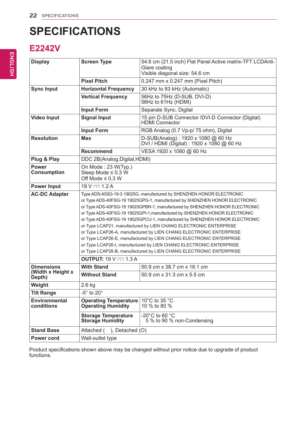 Specifications, E2242v, 22 e2242v | LG E2742V-BN User Manual | Page 22 / 28