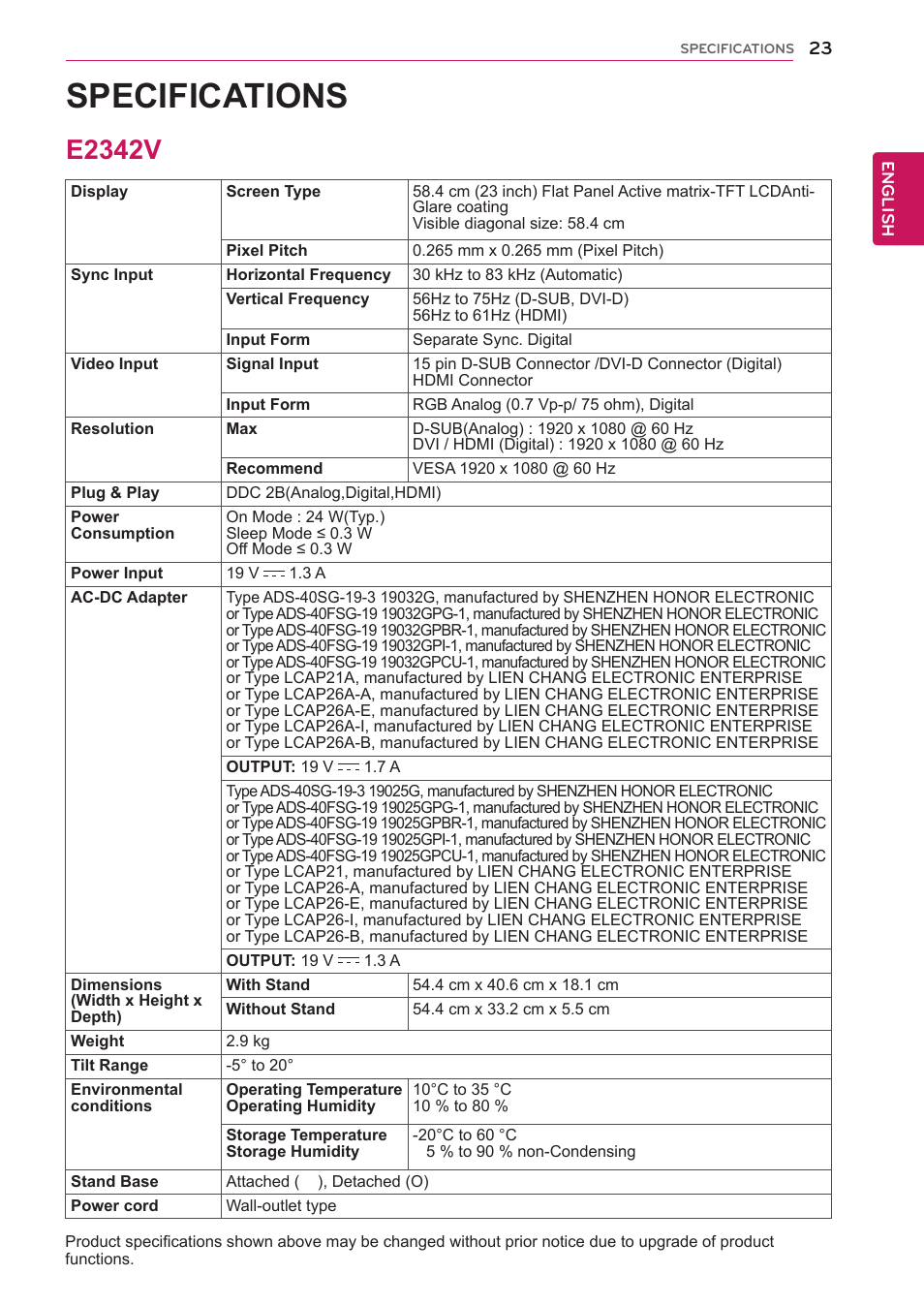 E2342v, 23 e2342v, Specifications | LG E2742V-BN User Manual | Page 23 / 28