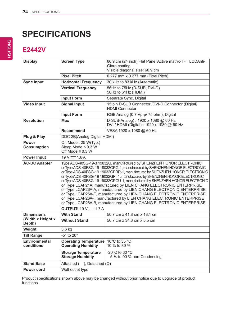 E2442v, 24 e2442v, Specifications | LG E2742V-BN User Manual | Page 24 / 28