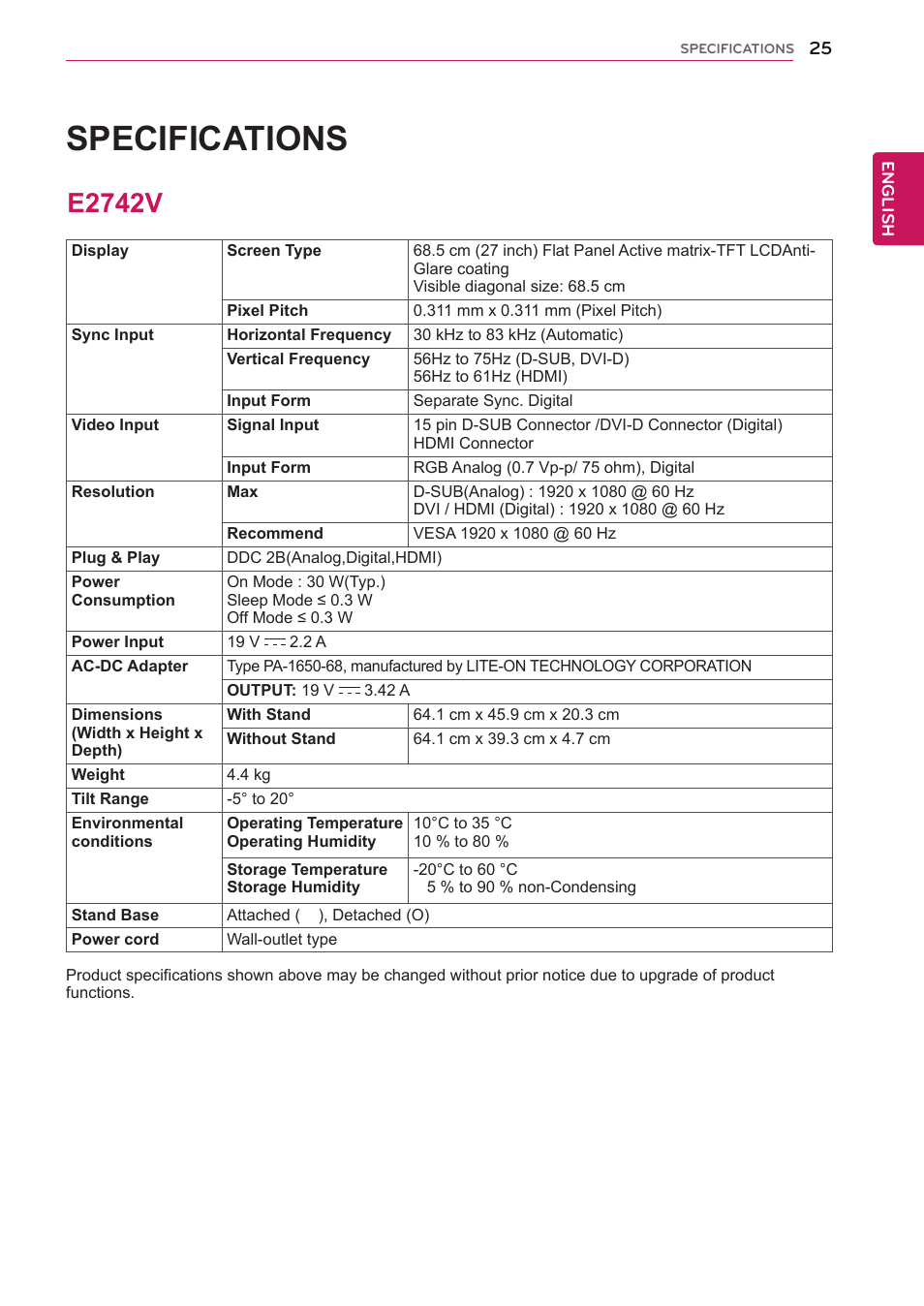E2742v, 25 e2742v, Specifications | LG E2742V-BN User Manual | Page 25 / 28