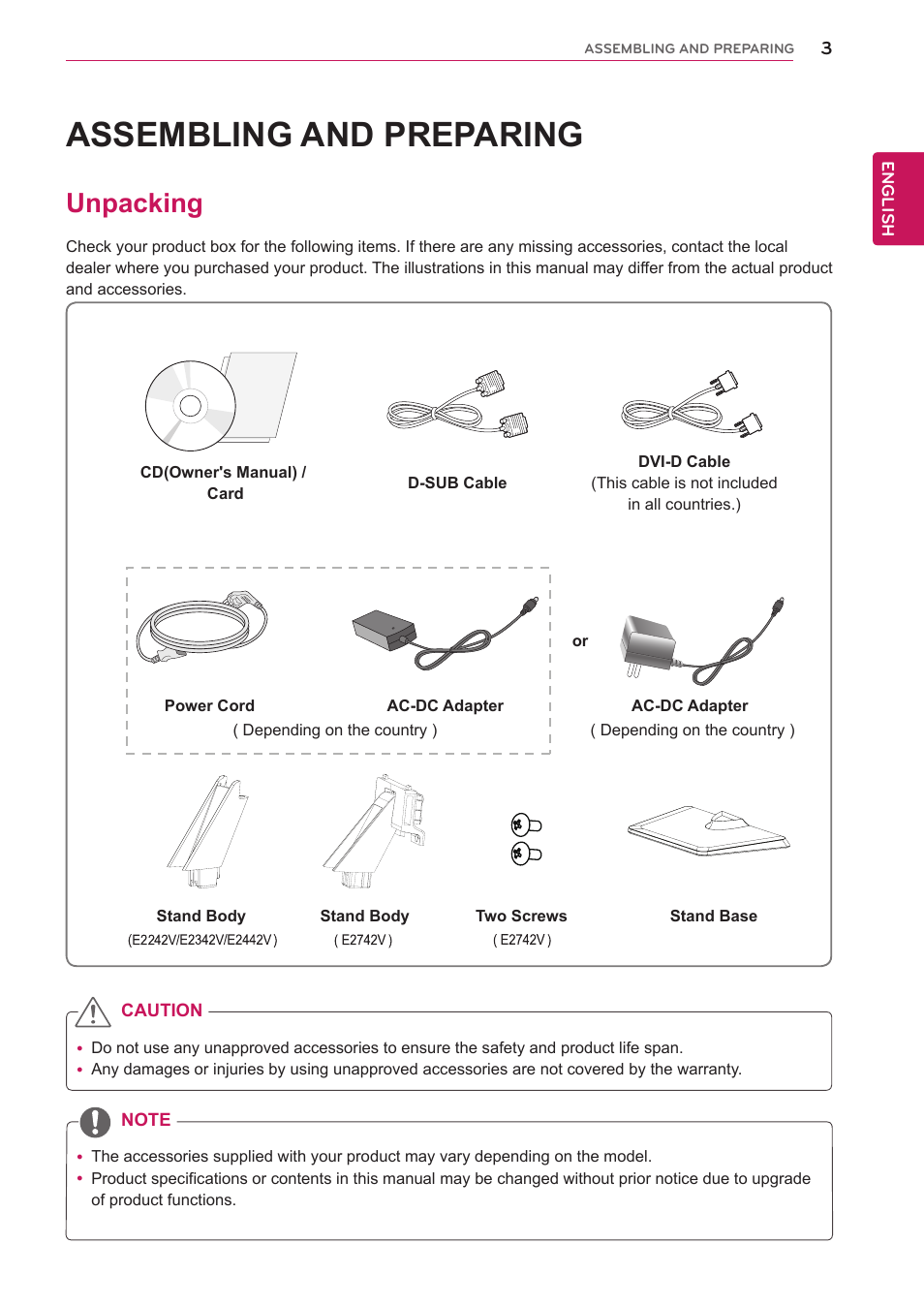 Assembling and preparing, Unpacking, Assembling and prepar | LG E2742V-BN User Manual | Page 3 / 28