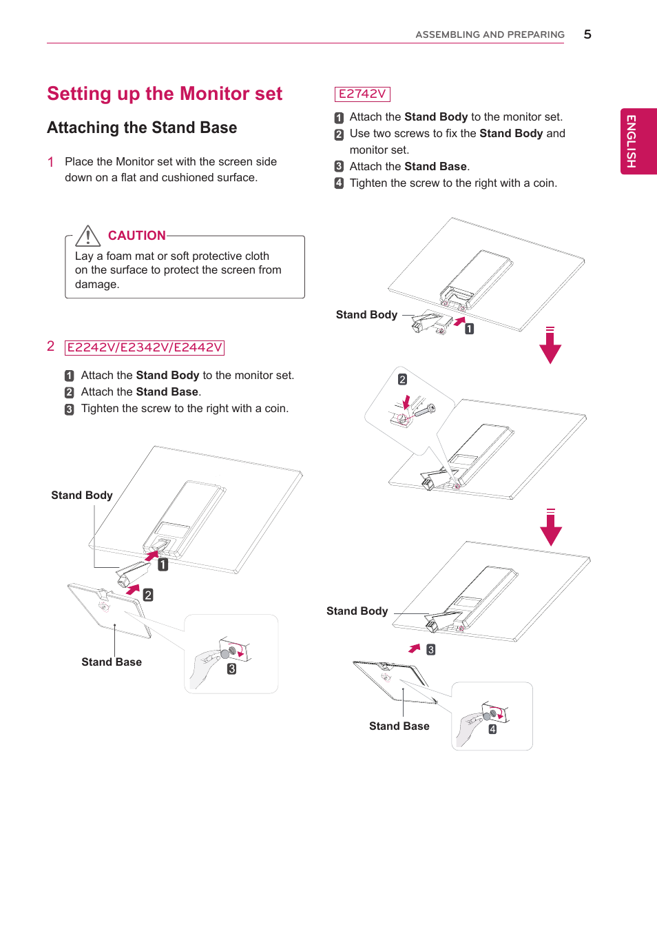 Setting up the monitor set, Attaching the stand base | LG E2742V-BN User Manual | Page 5 / 28