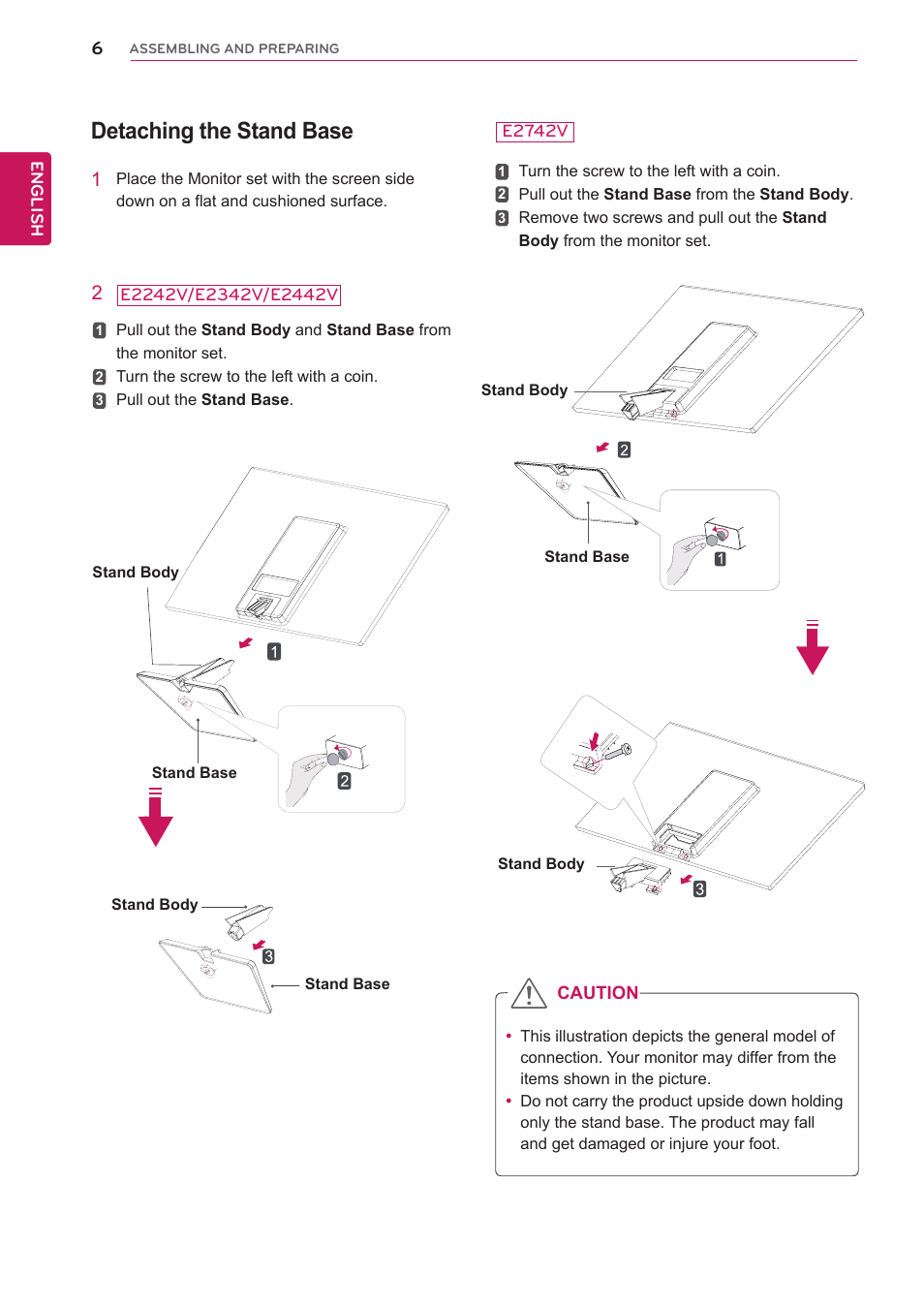 Detaching the stand base | LG E2742V-BN User Manual | Page 6 / 28