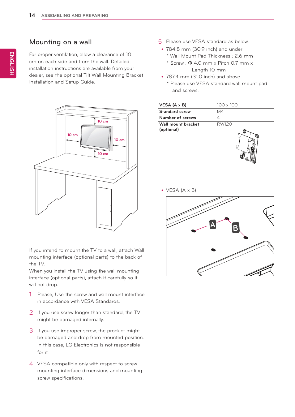 Mounting on a wall | LG 24MA32D-PU User Manual | Page 15 / 40