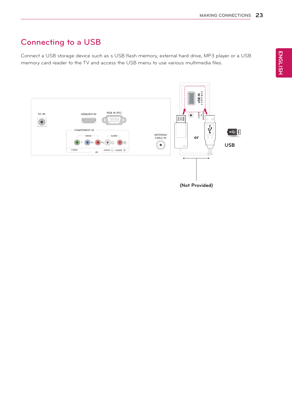 Connecting to a usb, 23 connecting to a usb | LG 24MA32D-PU User Manual | Page 24 / 40