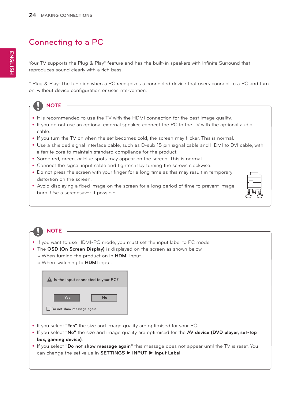 Connecting to a pc, 24 connecting to a pc | LG 24MA32D-PU User Manual | Page 25 / 40