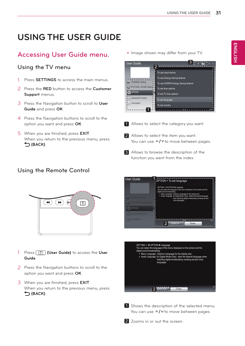 Using the user guide, Accessing user guide menu, Using the tv menu | Using the remote control, English | LG 24MA32D-PU User Manual | Page 32 / 40