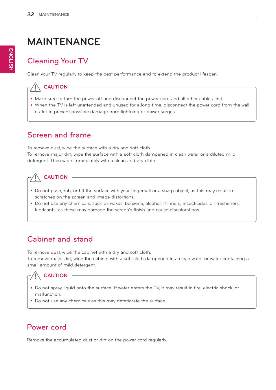 Maintenance, Cleaning your tv, Screen and frame | Cabinet and stand, Power cord | LG 24MA32D-PU User Manual | Page 33 / 40