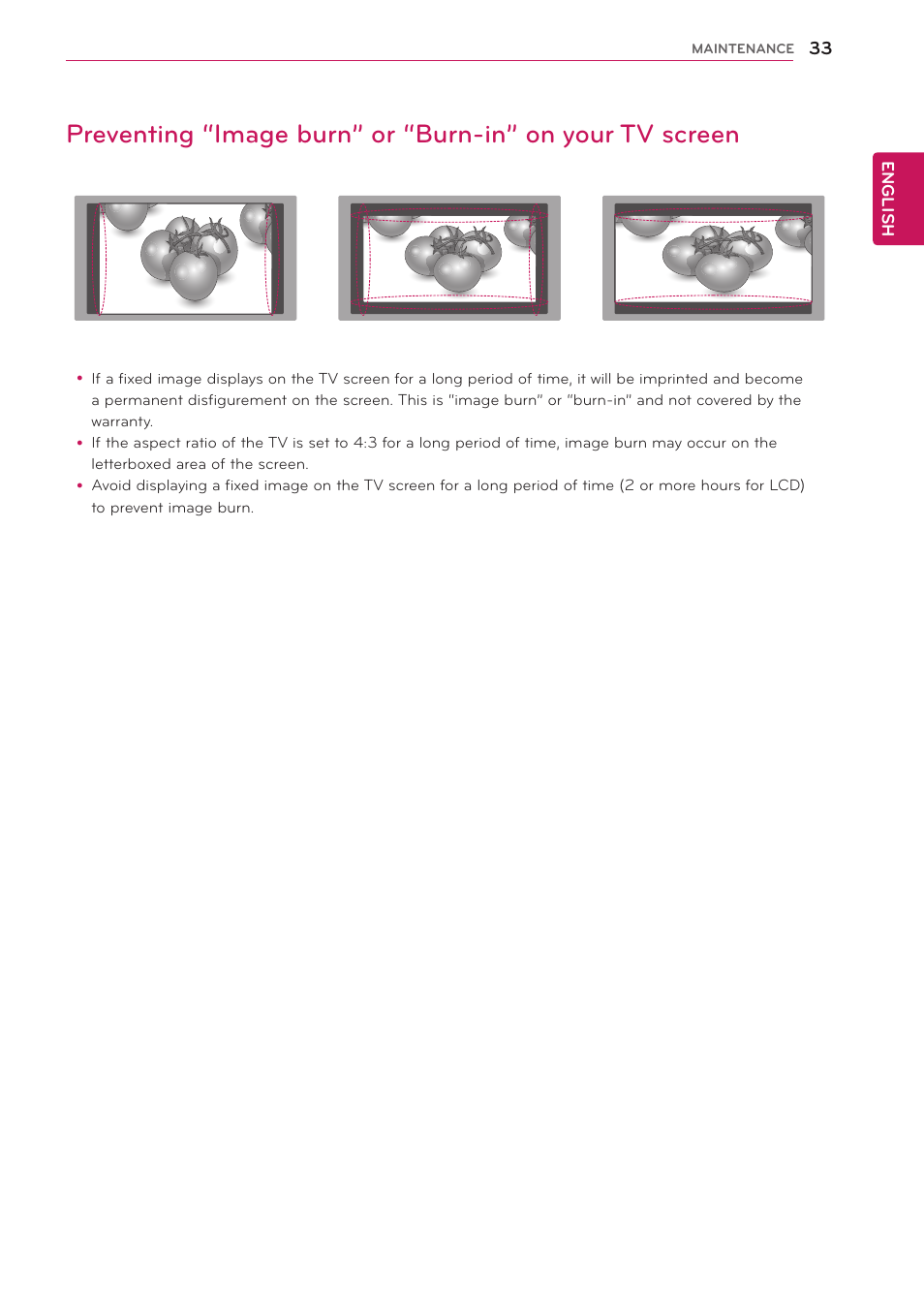 33 preventing “image burn” or “burn-in” on, Your tv screen | LG 24MA32D-PU User Manual | Page 34 / 40