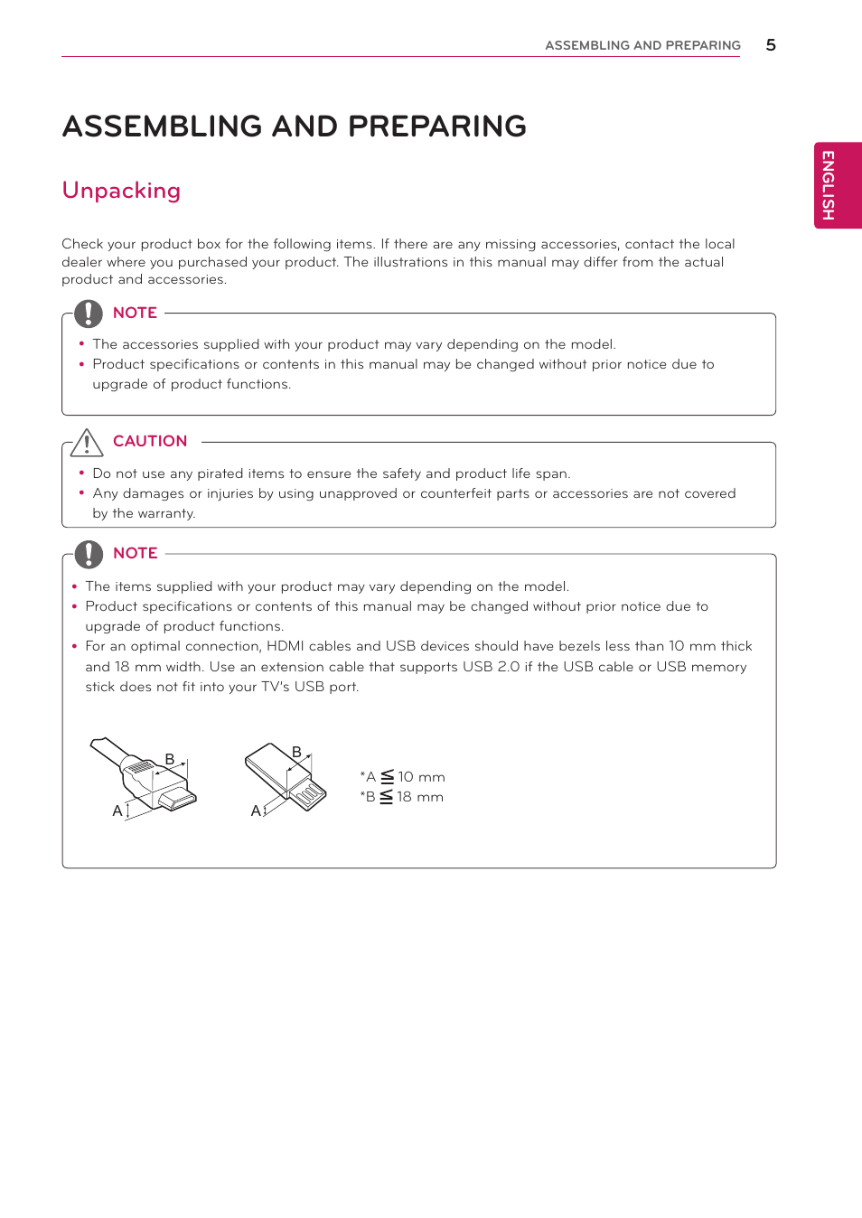 Assembling and preparing, Unpacking | LG 24MA32D-PU User Manual | Page 6 / 40