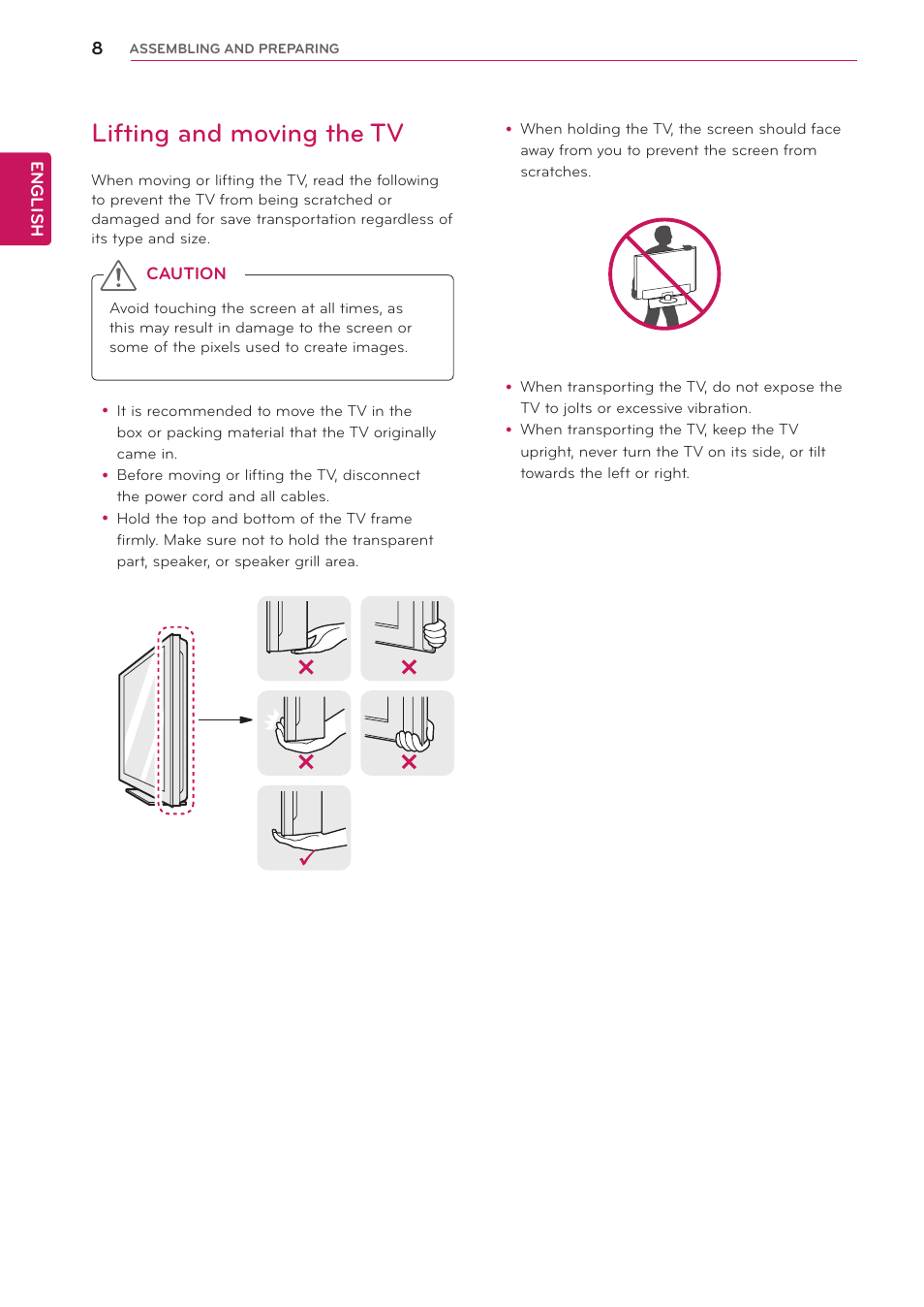 Lifting and moving the tv | LG 24MA32D-PU User Manual | Page 9 / 40