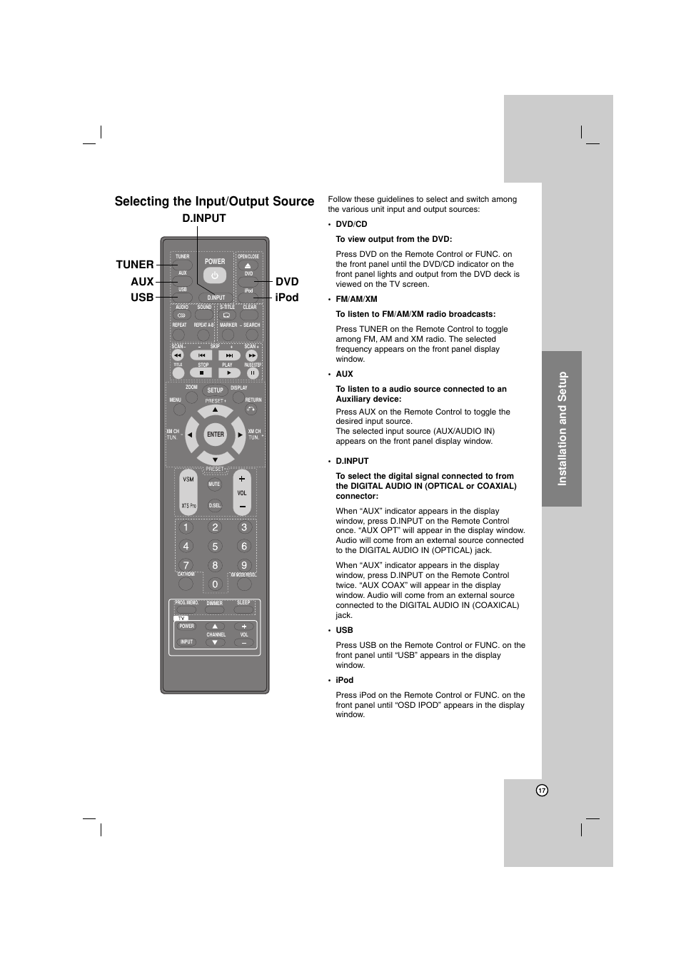 Selecting the input/output source, Installation and setup, D.input tuner dvd aux ipod usb | LG LH-E922PB User Manual | Page 17 / 41