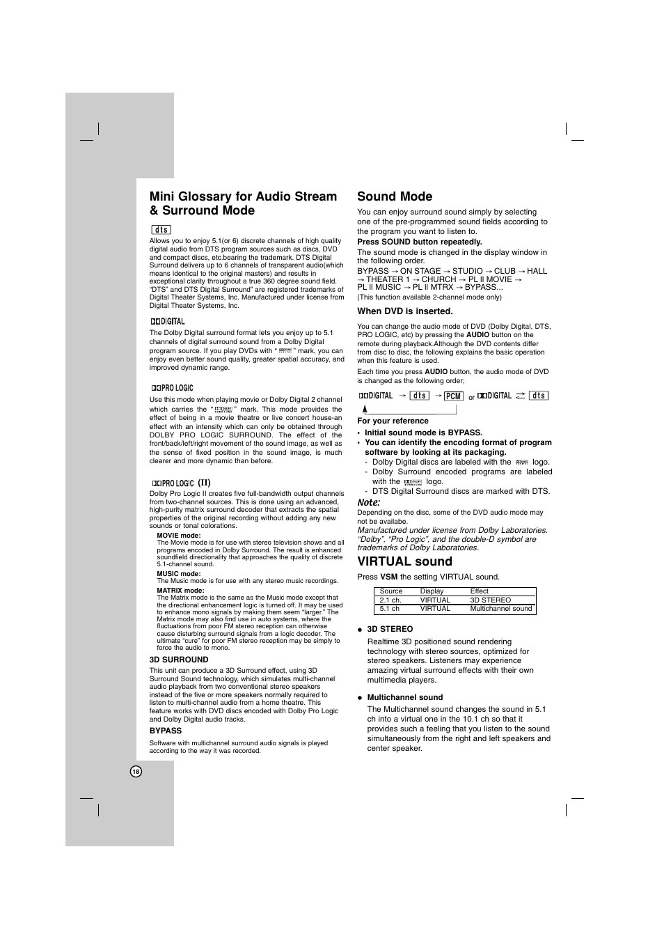 Mini glossary for audio stream & surround mode, Sound mode, Virtual sound | LG LH-E922PB User Manual | Page 18 / 41