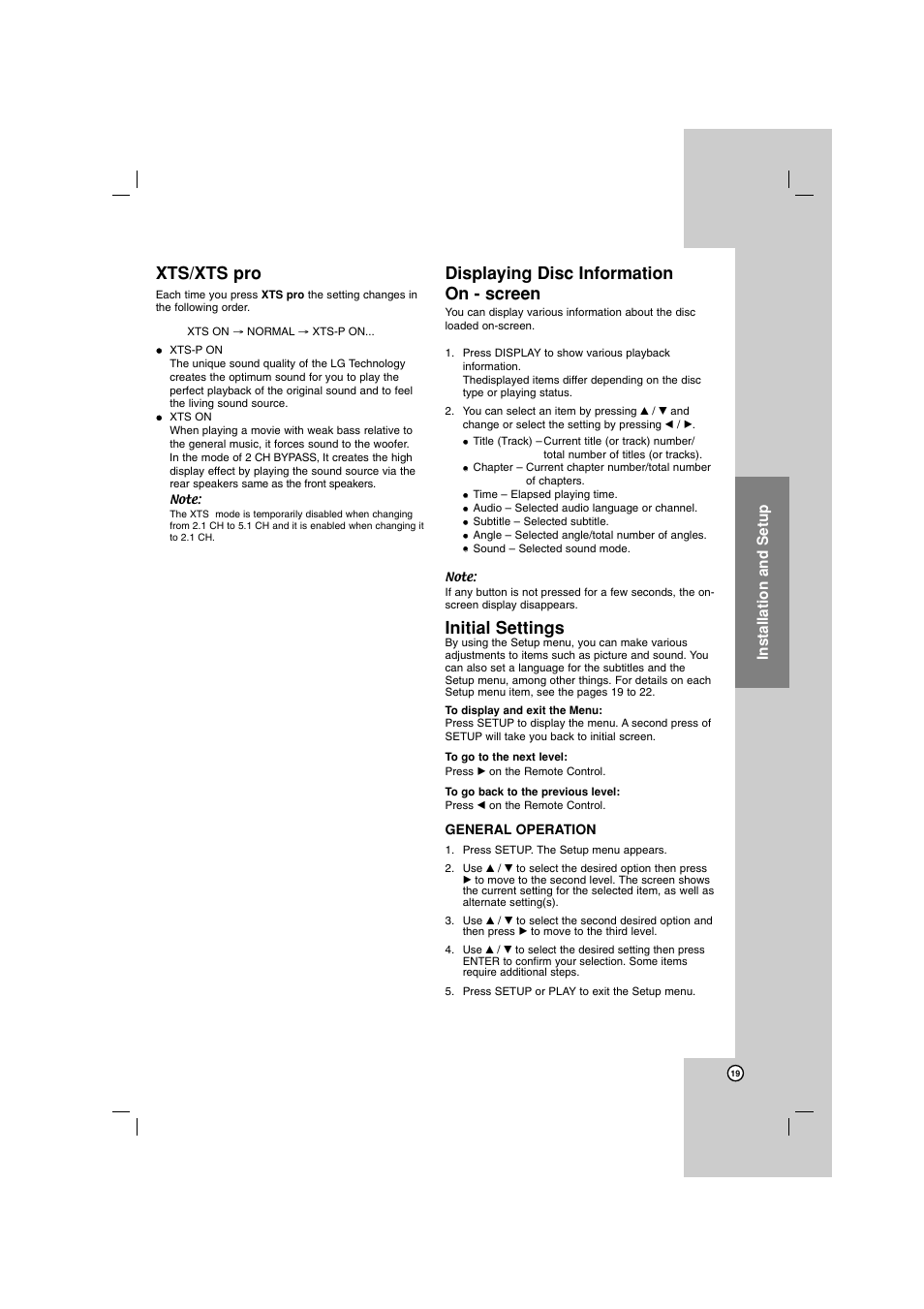 Xts/xts pro, Displaying disc information on - screen, Initial settings | LG LH-E922PB User Manual | Page 19 / 41