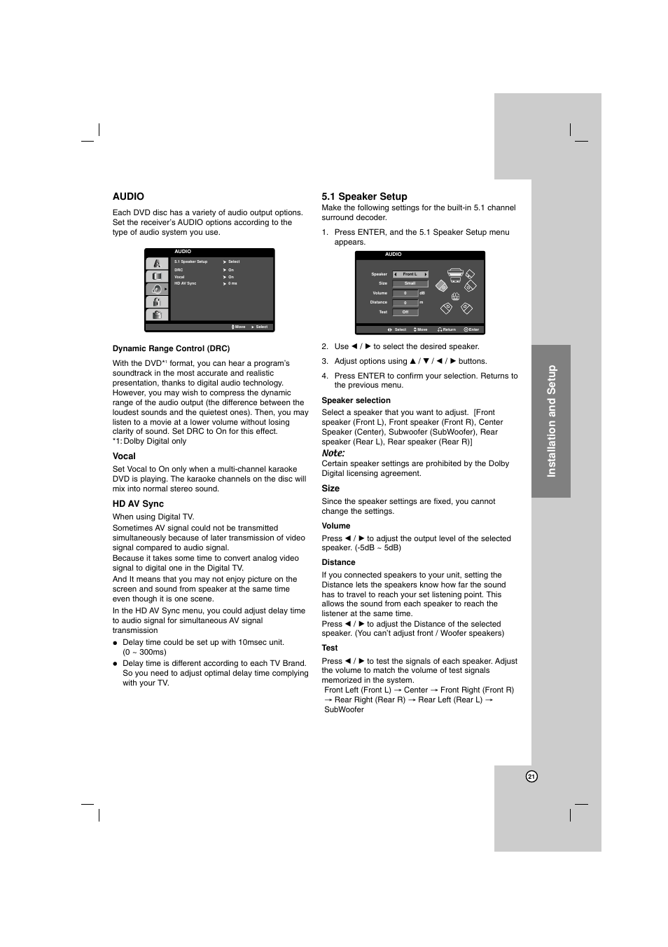 Installation and setup, Audio, 1 speaker setup | Vocal, Hd av sync, Size | LG LH-E922PB User Manual | Page 21 / 41