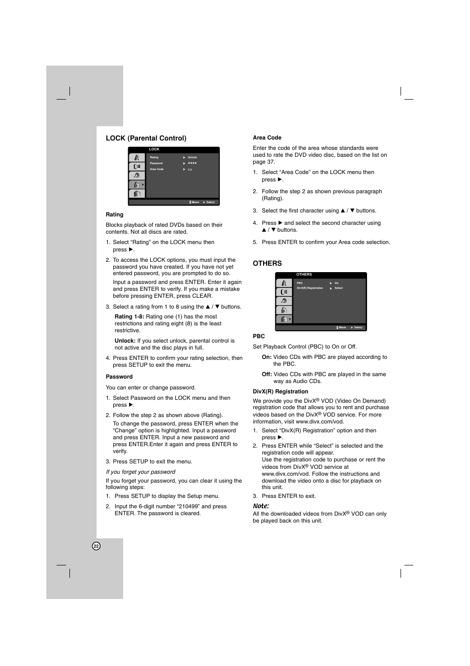 Lock (parental control), Others | LG LH-E922PB User Manual | Page 22 / 41