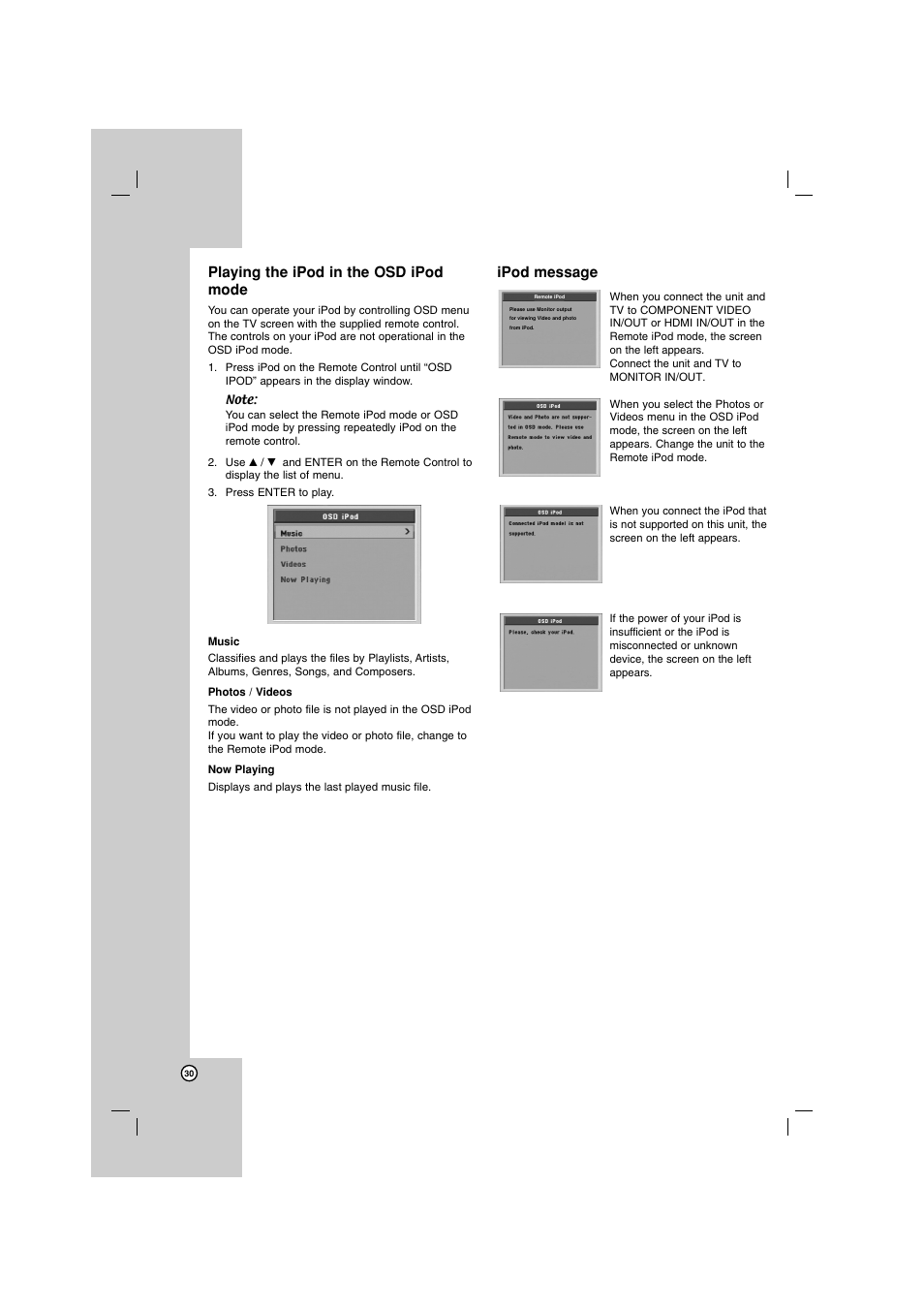 Playing the ipod in the osd ipod mode, Ipod message | LG LH-E922PB User Manual | Page 30 / 41