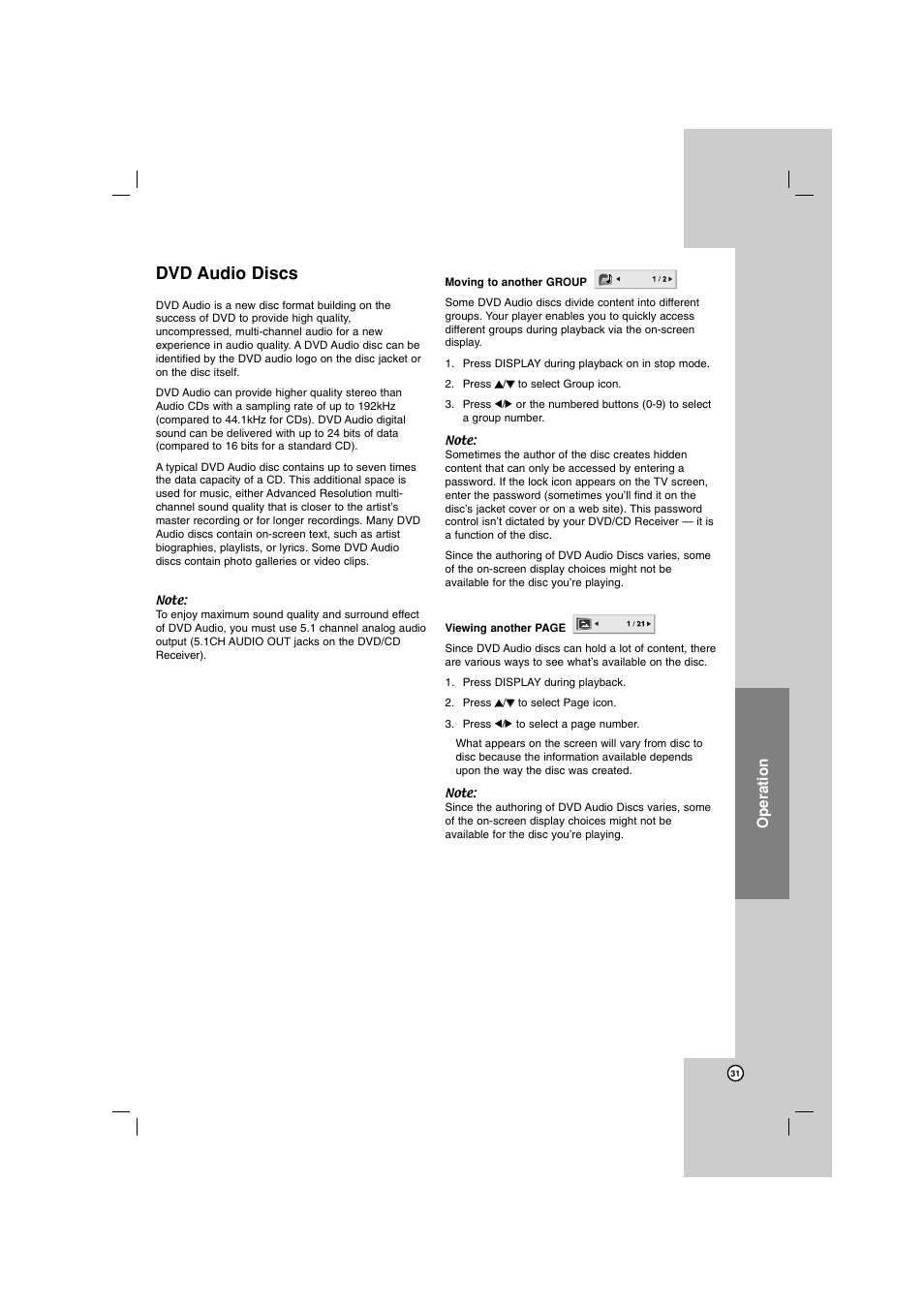 Dvd audio discs, Operation | LG LH-E922PB User Manual | Page 31 / 41