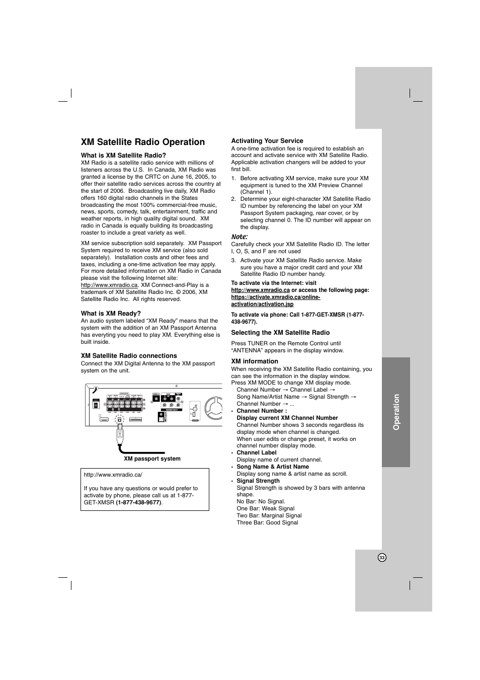 Xm satellite radio operation, Operation, For wireless dc 7v out xm in i pod | LG LH-E922PB User Manual | Page 33 / 41