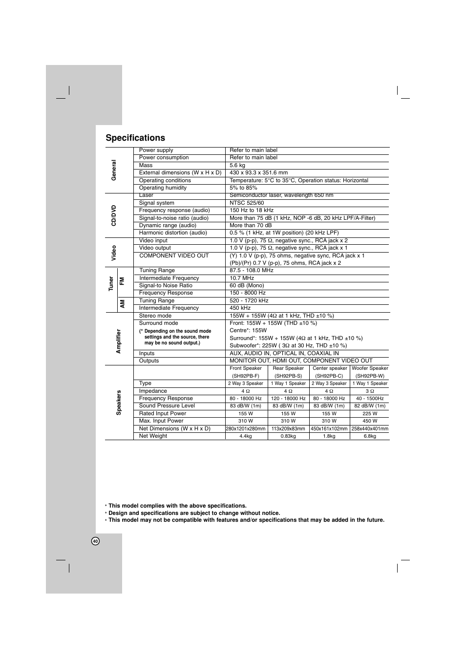 Specifications | LG LH-E922PB User Manual | Page 40 / 41