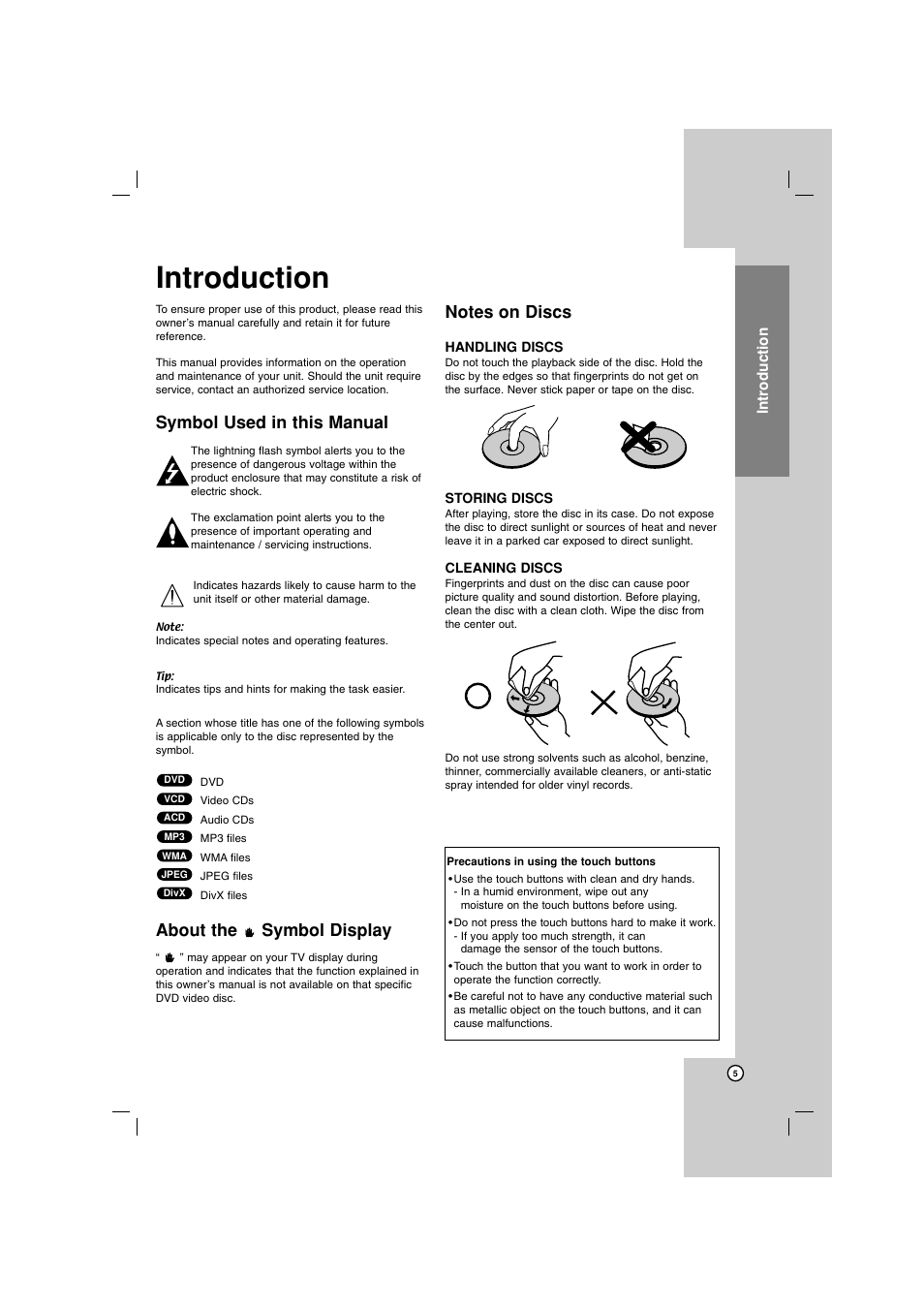 Introduction, Symbol used in this manual, About the symbol display | LG LH-E922PB User Manual | Page 5 / 41