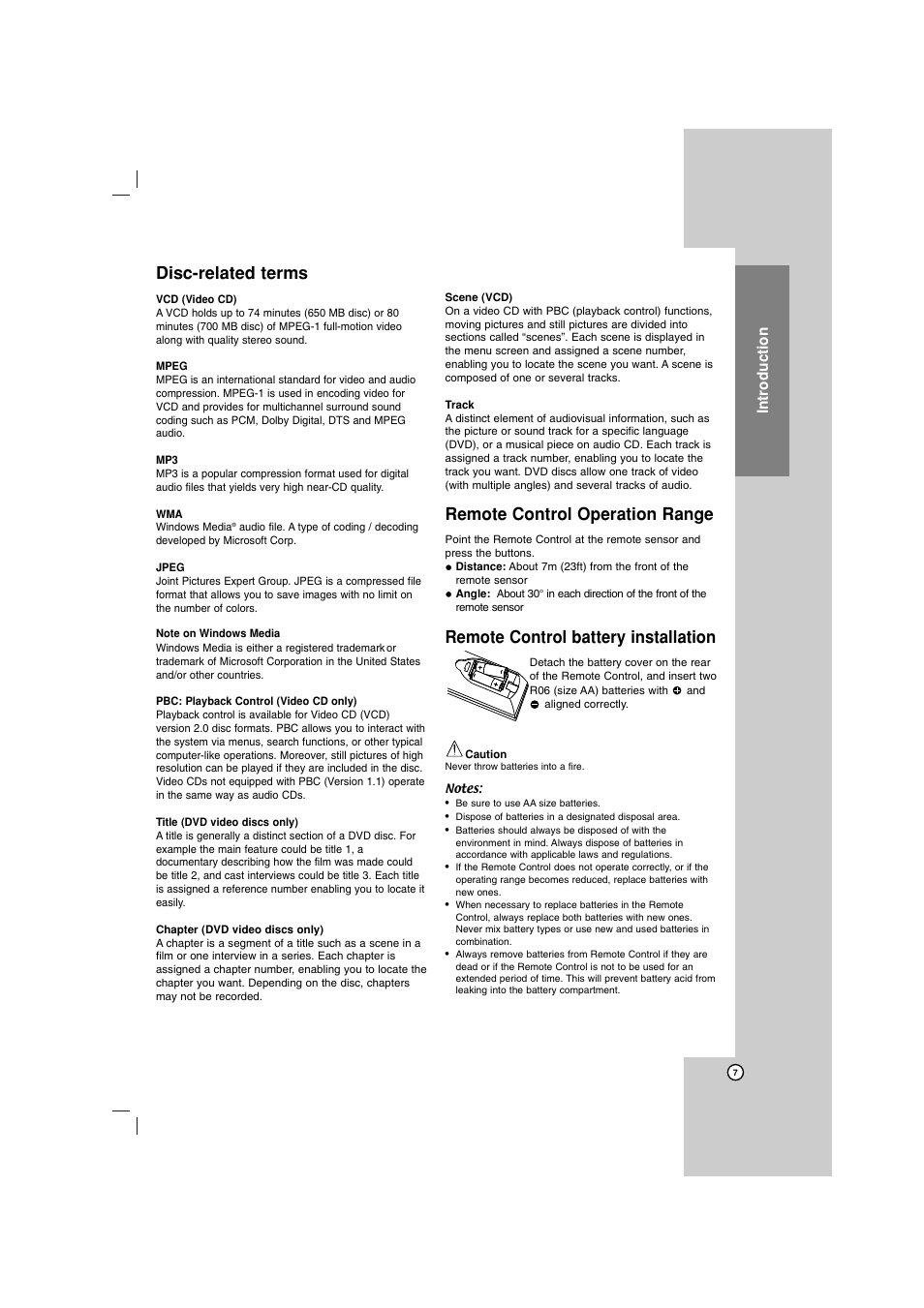 Disc-related terms, Remote control operation range, Remote control battery installation | Introduction | LG LH-E922PB User Manual | Page 7 / 41